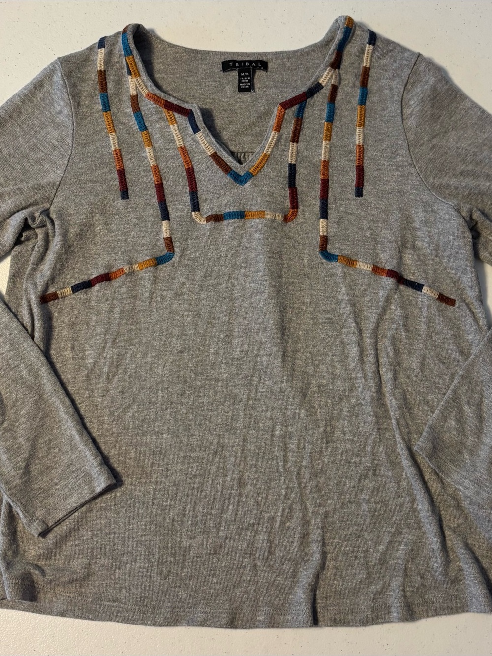 Tribal Gray V-Neck Sweater with Blue, Brown and Cream Embroidered Stripes